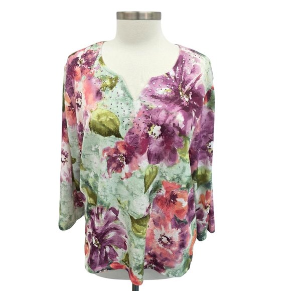 Womens Knit Top XL Floral Embellished 3/4 Sleeve V-Neck Boho Fairy Whimsical - Picture 1 of 12